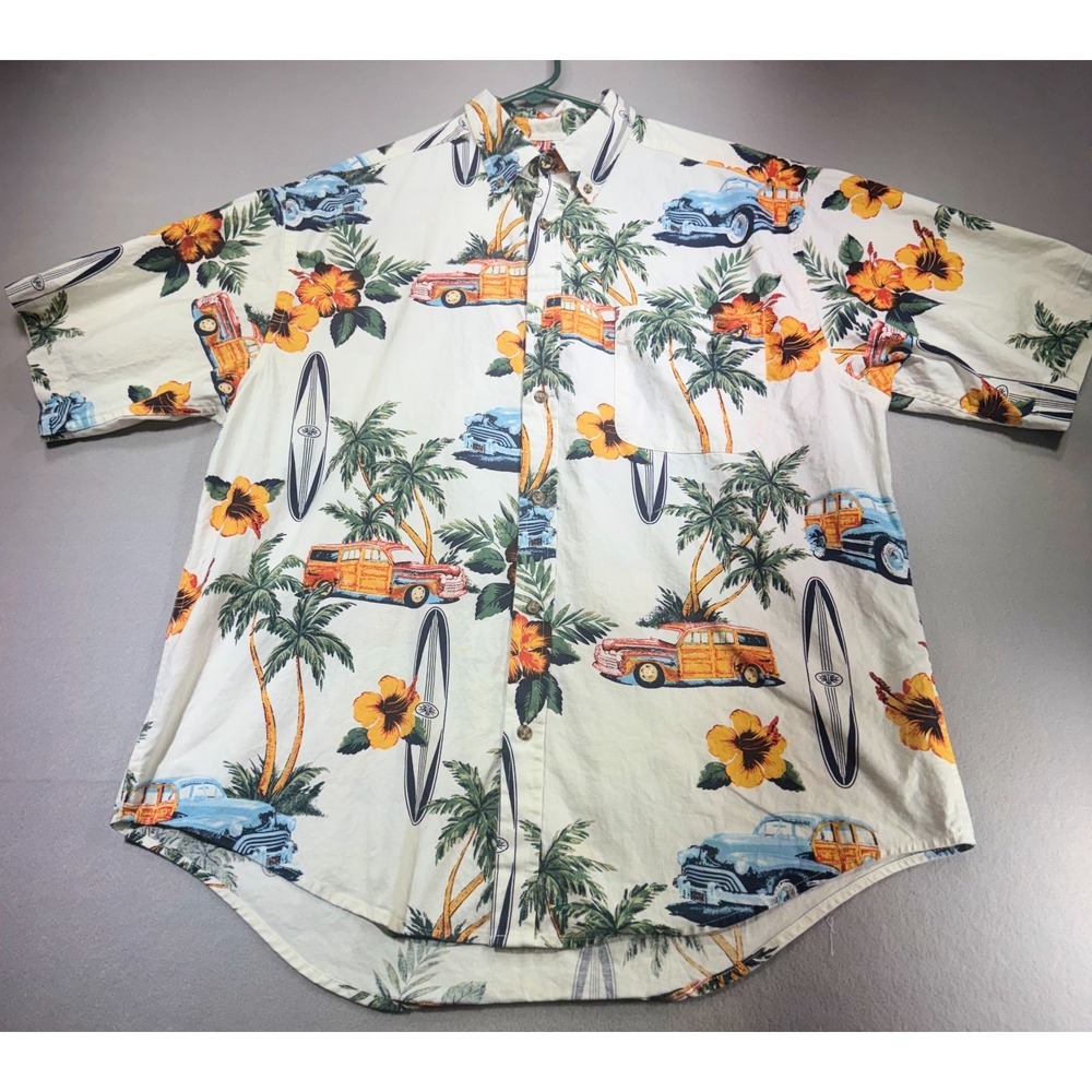 Puritan Hawaiian Shirt Mens Large Tropical Surfboard Woody Car Floral 100% Cotto